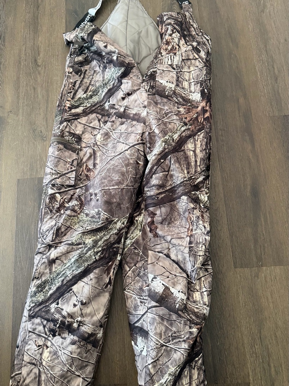 Insulated Brown Realtree-Style Cargo Hunting Bib Pants